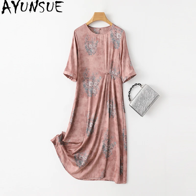 

AYUNSUE 92% Genuine Mulberry Silk Women's Dresses New Chinese Mid Long Dresses 2024 Women Clothing Retro Fashion Summer Dress