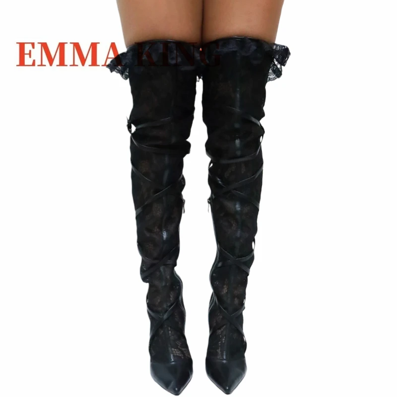 الأبيض الدانتيل مشبك Strappy أحذية طويلة مدبب تو خنجر كعب الجانب سستة الفخذ أحذية عالية المرأة أحذية الحفلات الزفاف الفاخرة 45