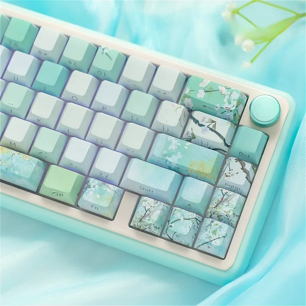 128 Keys, Magpie Hidden Blue Mountain, Keycaps PBT Cherry Keycaps for Gateron Cherry MX Switch Mechanical Keyboard