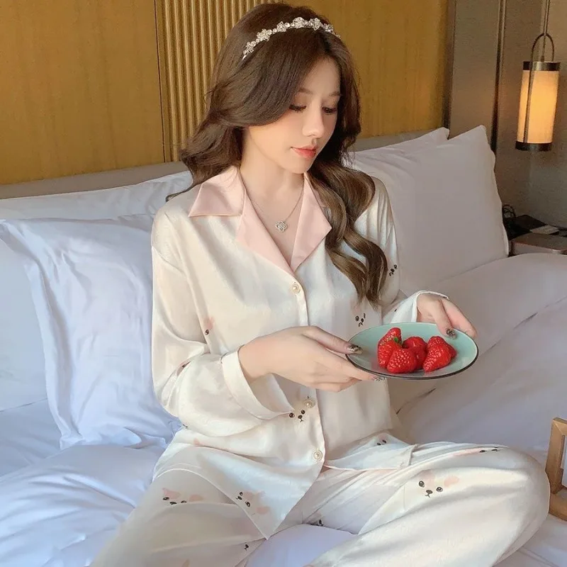 Spring Autumn Pajamas Women Ice Silk Long Sleeve Cardigan Homewear Suit Female Loose Comfortable Thin Breathable Nightclothes