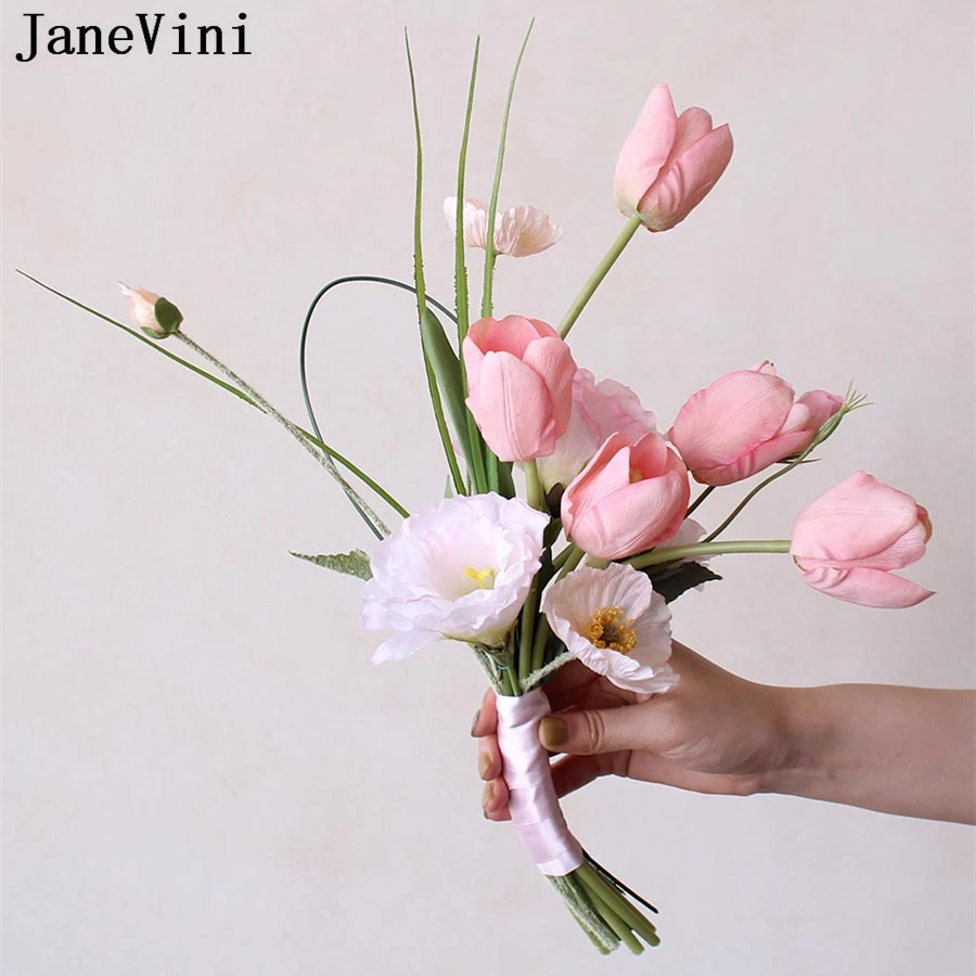 JaneVini Pink Tulips Artificial Flowers Bride Bouquet Small Size Bridesmaids Wedding Bouquet Photography Bridal Hand Flower Silk