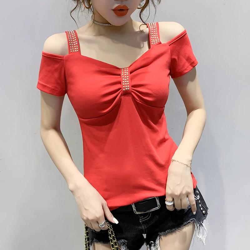 Cseta Sexy de manga corta adeazante con hombros descubiertos para mujer, Top de moda, estilo coreano, rets de colores...