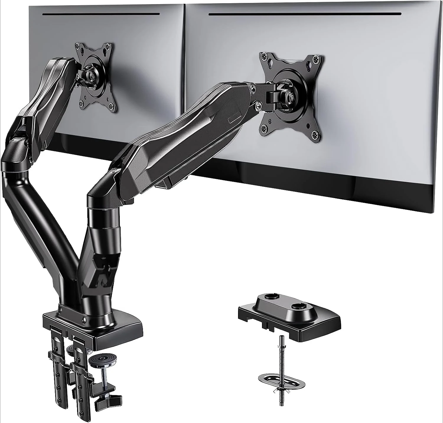 Dual Monitor Stand - Full Adjustable Monitor Desk Mount Swivel Vesa Bracket with C Clamp, Grommet Mounting Base