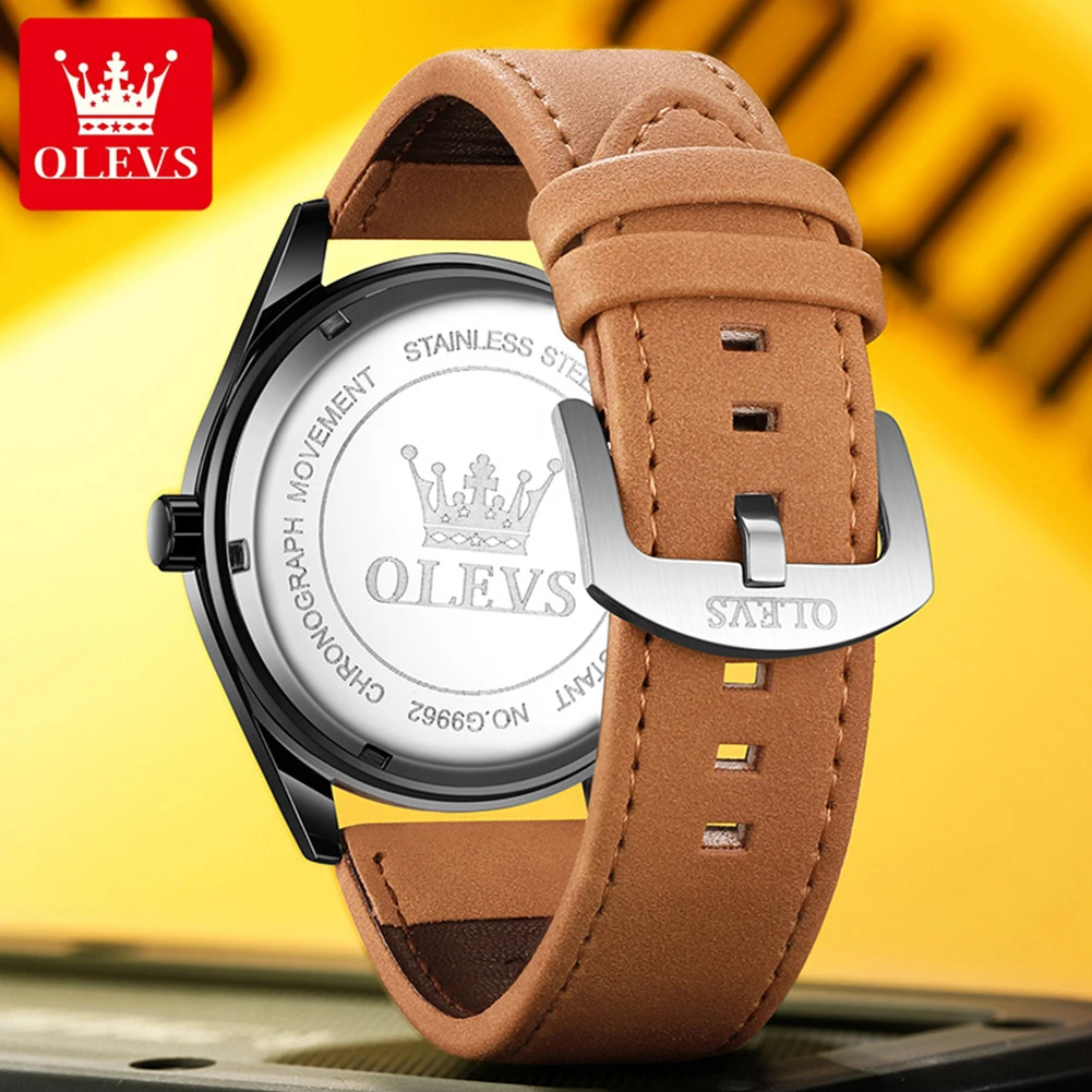 OLEVS 9962 Fashion Quartz Watch Gift Round-dial Genuine Leather Watchband Calendar