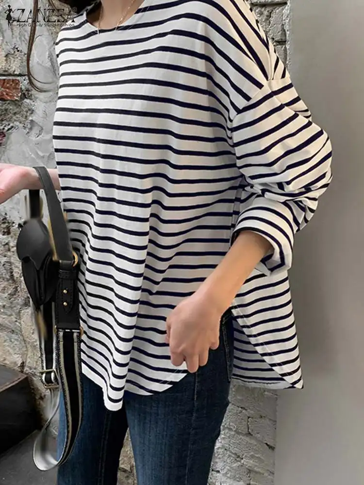 Korean Fashion Women Striped Blouse ZANZEA 2023 Autumn Long Sleeve Casual Loose Tops Female O Neck Party Blusas Work Shirt Mujer