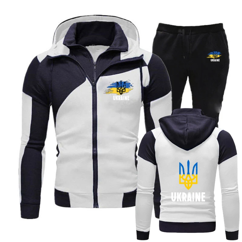 Ukraine Trident Popular Comfortable Sports Sets Ukrainian Patriotic Graphic Men's Cardigan Zip Splicing Hoodies+Sweatpants Suit
