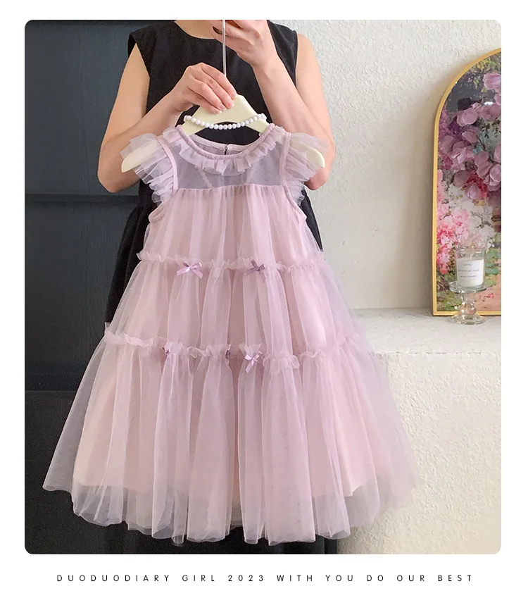 New Baby Summer Girls Boutique Fairy Blue Pink Mesh Bow Dress , Princess Kids Fashion Holiday Dresses 2-8 T