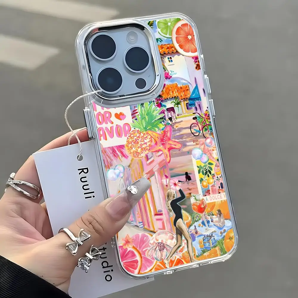 Ocean Wine Glass Lemon  Phone Case For iPhone17 16 15 14 13 12 11 Pro Max Plus Chrome Button Camera Ring Transparent Case