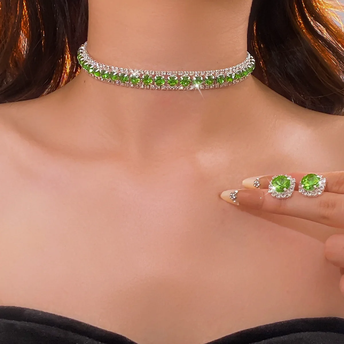 Korean version of flash diamond-encrusted square earrings light luxury high-end collarbone chain ins versatile exquisite commute