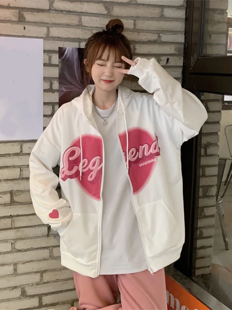 Jmprs Heart Print Women Korean Hoodies Fashion Loose Letter Long Sleeve Sweatshirt Autumn Preppy Style Casual Zipper Outwear New