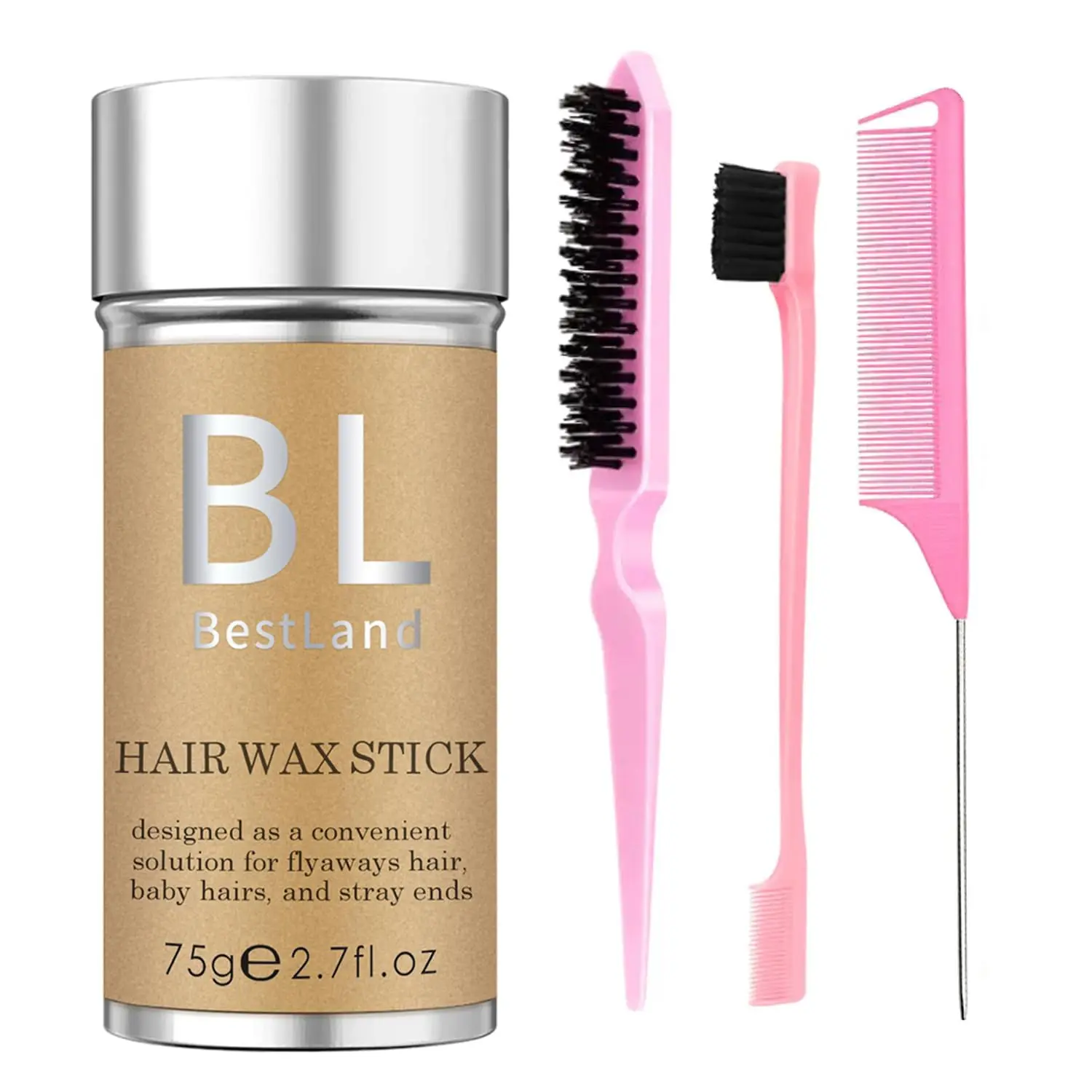 

4Pcs Hair Wax Stick & Slick Back Brush Set for Flyaways, Wigs, and Styling - Pink