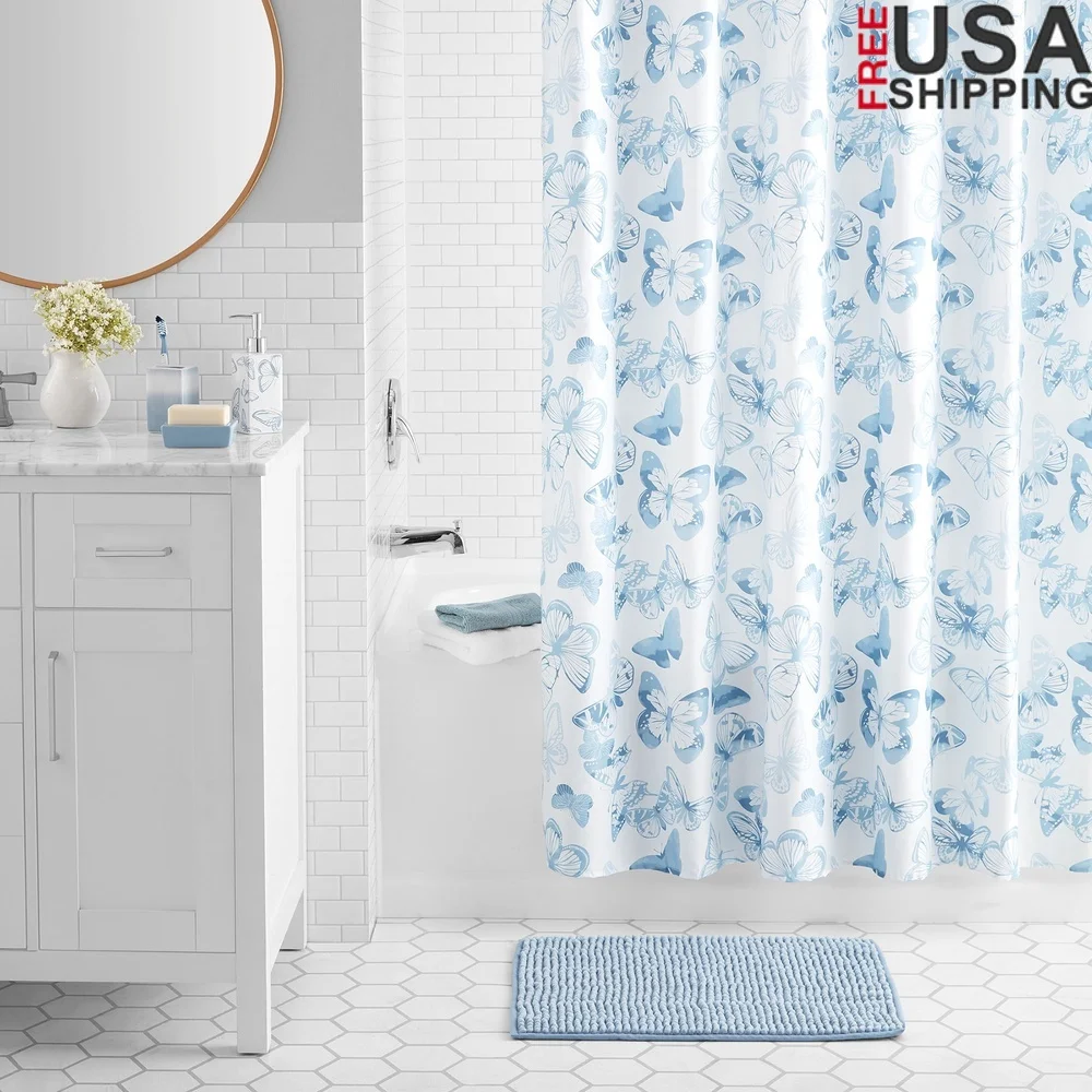 

17-компонентная занавеска для душа с бабочкой, набор аксессуаров для ванной комнаты, полиэстер, керамика, в комплект входит коврик, дозатор, мыльница, держатель для зубной щетки