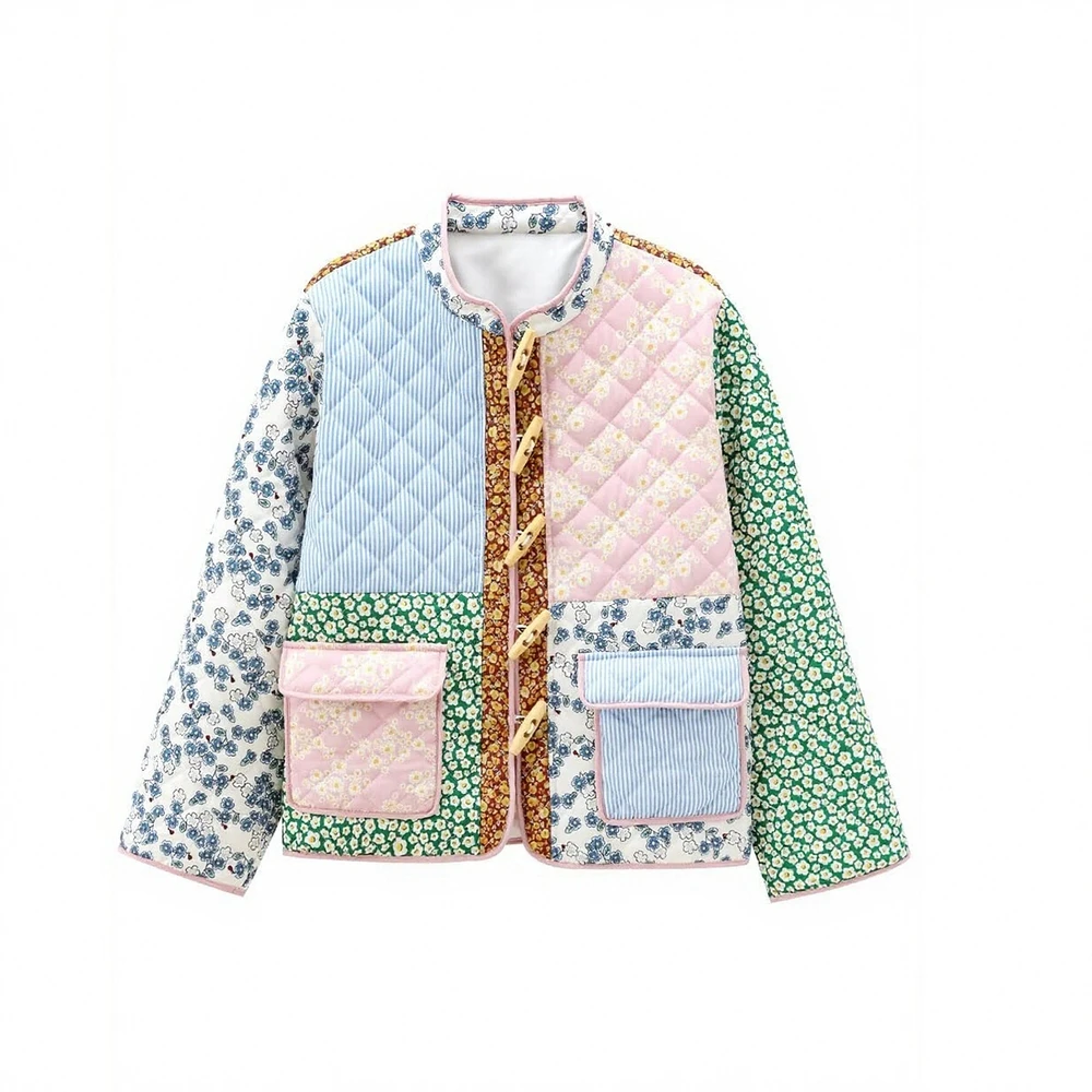 

Женская повседневная лоскутная куртка, осенняя стеганая куртка с длинным рукавом и круглым вырезом с карманами, повседневная базовая модная верхняя одежда