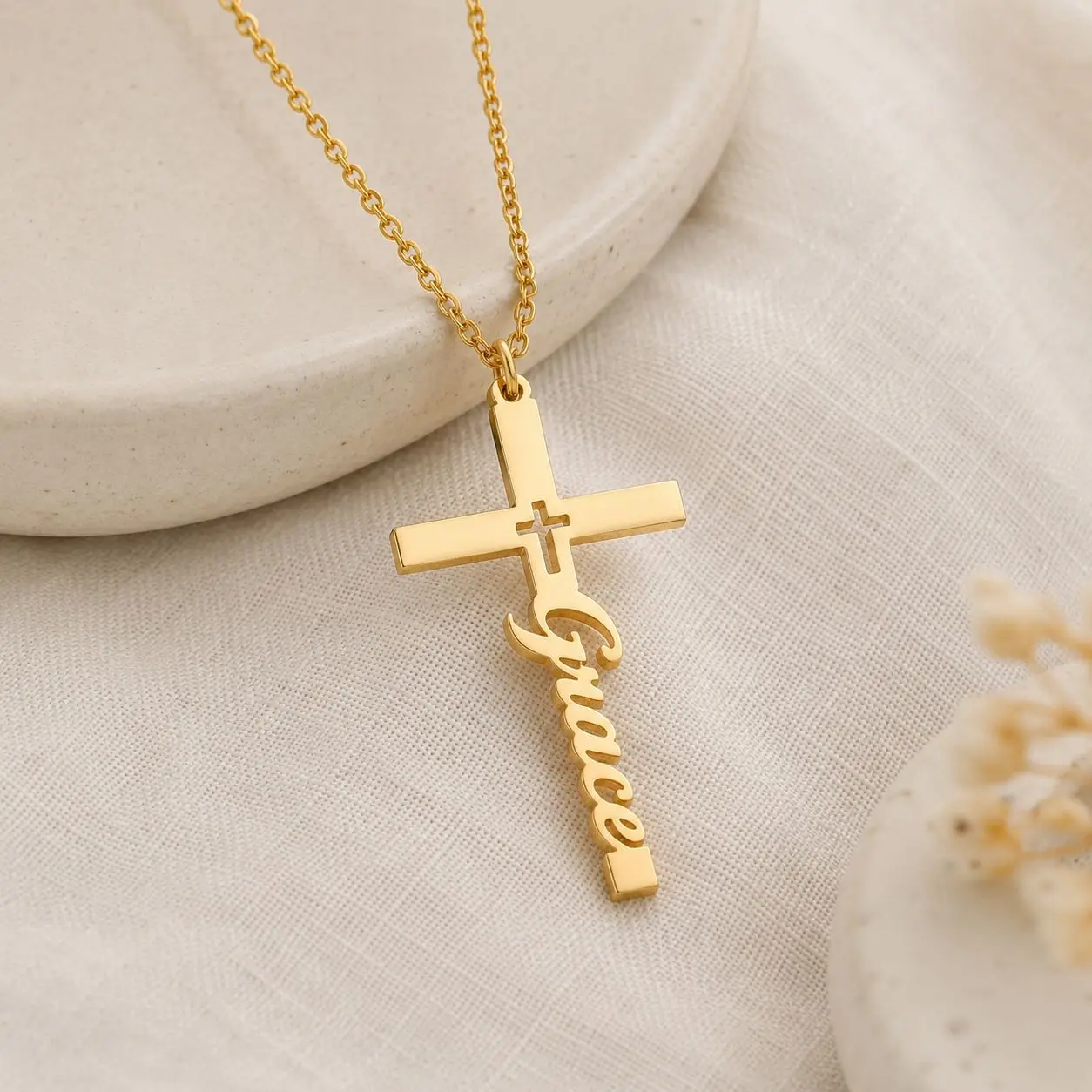 Custom Personalized Cross Necklace Stainless Steel Script Name Pendant Religious Jewelry Two Custom Position Options Faith Gift