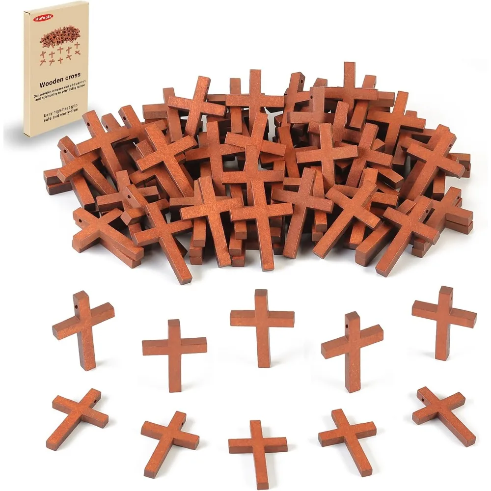 50 Pcs Small Wooden Cross Pendants for DIY Crafts, Bulk Mini Cross Charms 1.2x1.7 Inch, Rustic Unfinished Wood Crosses for Jewelry Making, Easter Egg Fillers, Home Decor, Wedding, Baptism Favors, Party Supplies