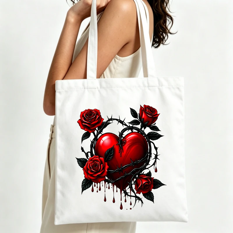 Womens heart and roses graphic canvas tote bag casual style for daily shopping and summer outings