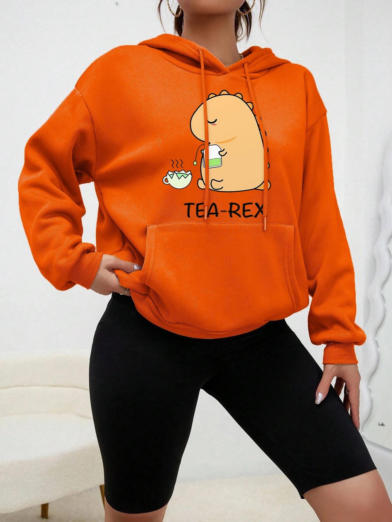 Tea-Rex Yellow Dinosaur Making Tea Printed Hoodie Women Cartoon Fashion Hoody Casual Pocket Streetwear Comfortable Pullover