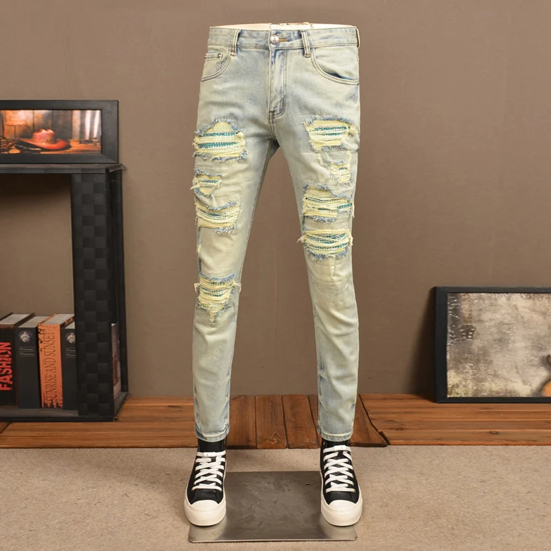 

Street Fashion Men Jeans Retro Washed Light Blue Stretch Skinny Fit Ripped Jeans Men Patched Designer Hip Hop Denim Pants Hombre