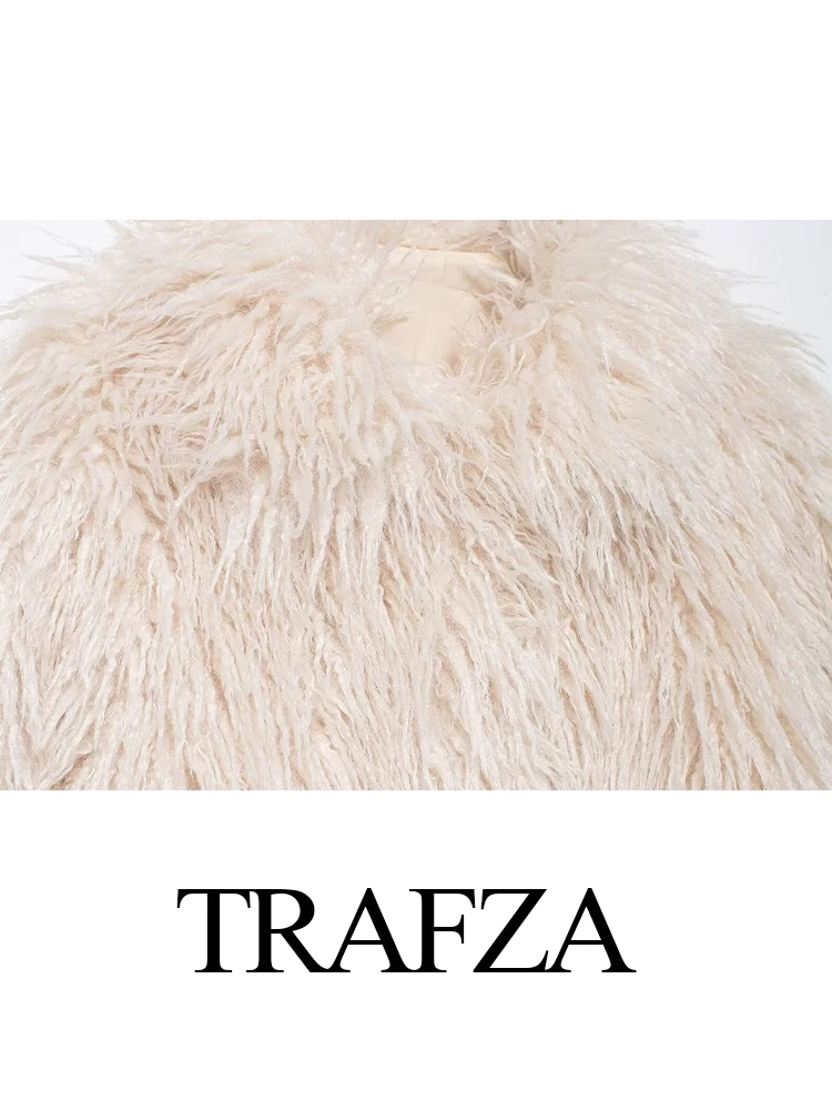 Trafza moda feminina inverno efeito de pele sólida turn down collar manga longa jaqueta feminina elegante high street casual jaqueta quente