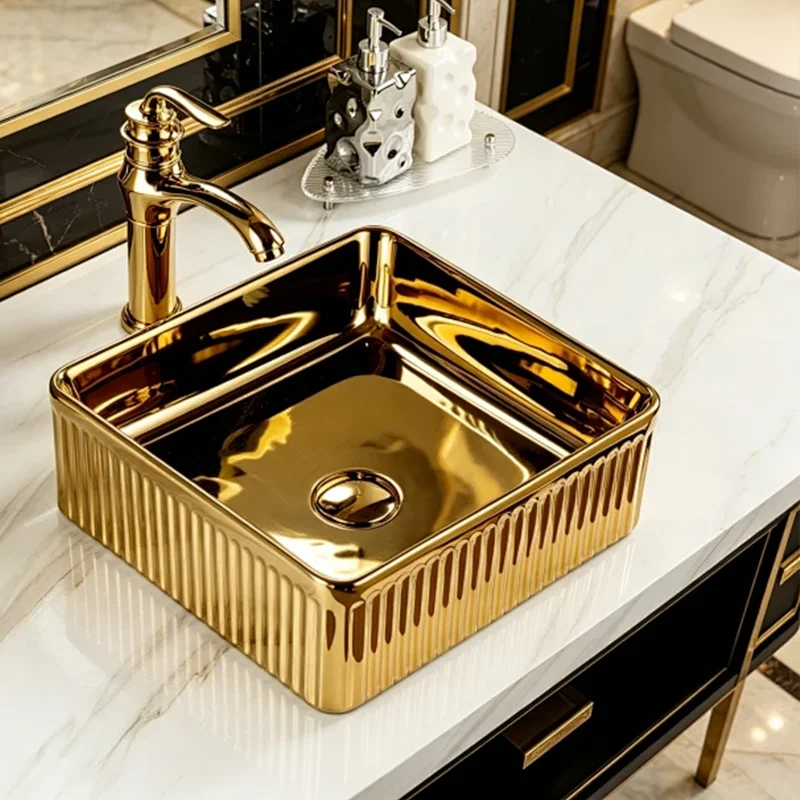 36Cm*36Cm Square Design Ceramic Washbasin with Gold Stripes, Ideal for Modern Bathroom Equipment, Suitable for Changing Rooms, Vanity Tables, Bathrooms, Toilets, and Rvs