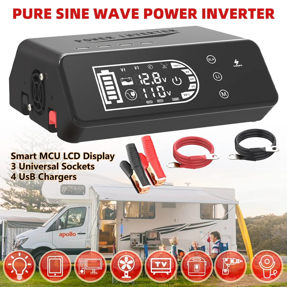 1000W Pure Sine Wave Power Inverter 12V DC to 110V 3 AC 4 USB Socket Auto Power Adapters for RV Camping New Car Power Inverter