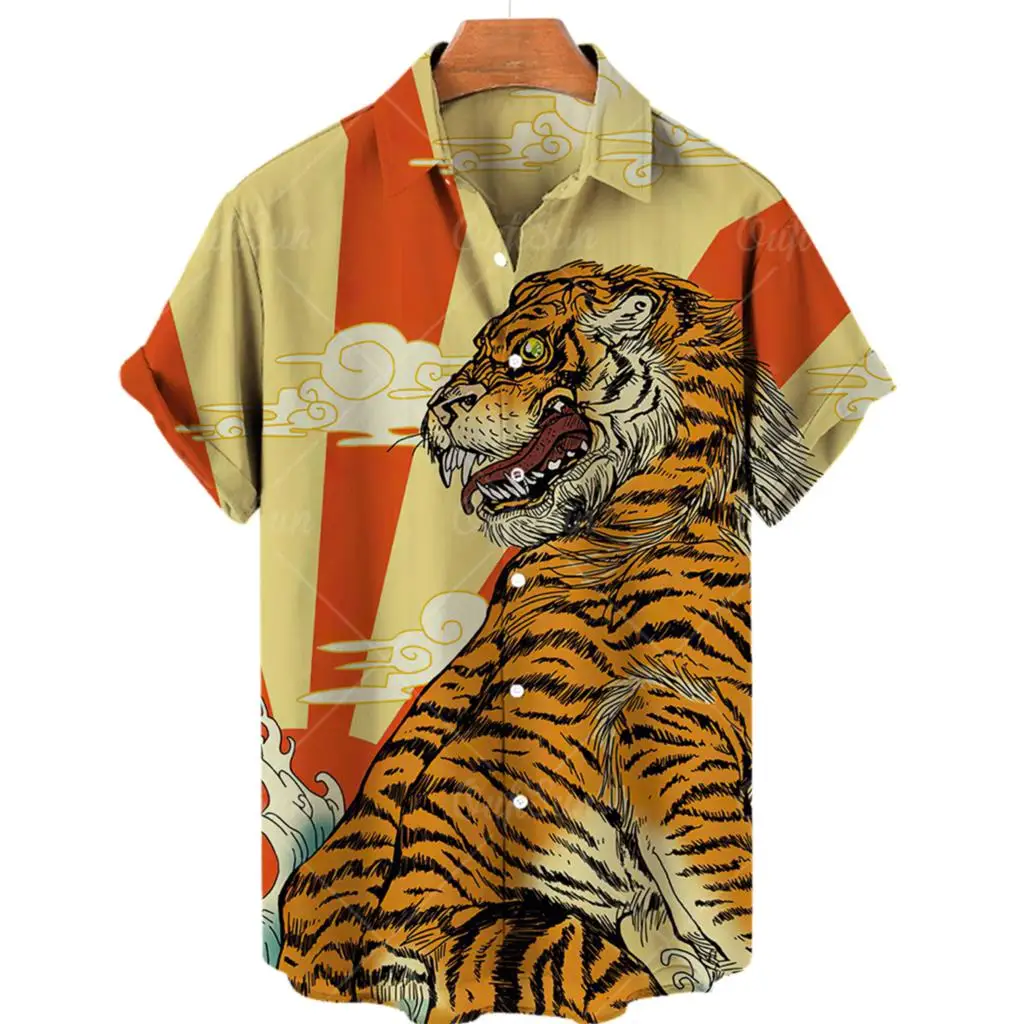 New Tiger Pattern Print Summer Men\'s Shirts Casual Oversized Short Sleeve Fashion Single-Breasted Blouses Trend Lapel Men Shirts