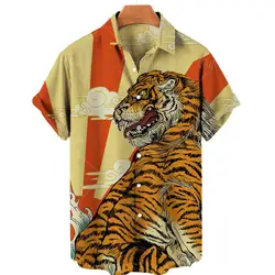 New Tiger Pattern Print Summer Men's Shirts Casual Oversized Short Sleeve Fashion Single-Breasted Blouses Trend Lapel Men Shirts