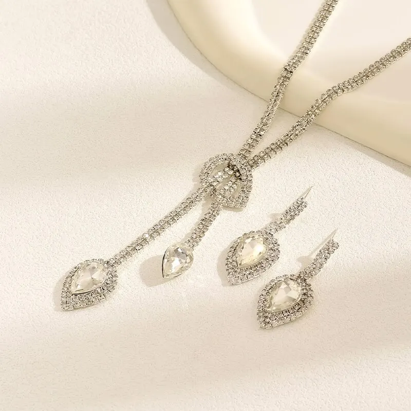 Bridal Rhinestone Big Water Drop Pendant Earring Set Silver Plated Wedding Jewelry For Women Simple Exquisite Jewelry Set