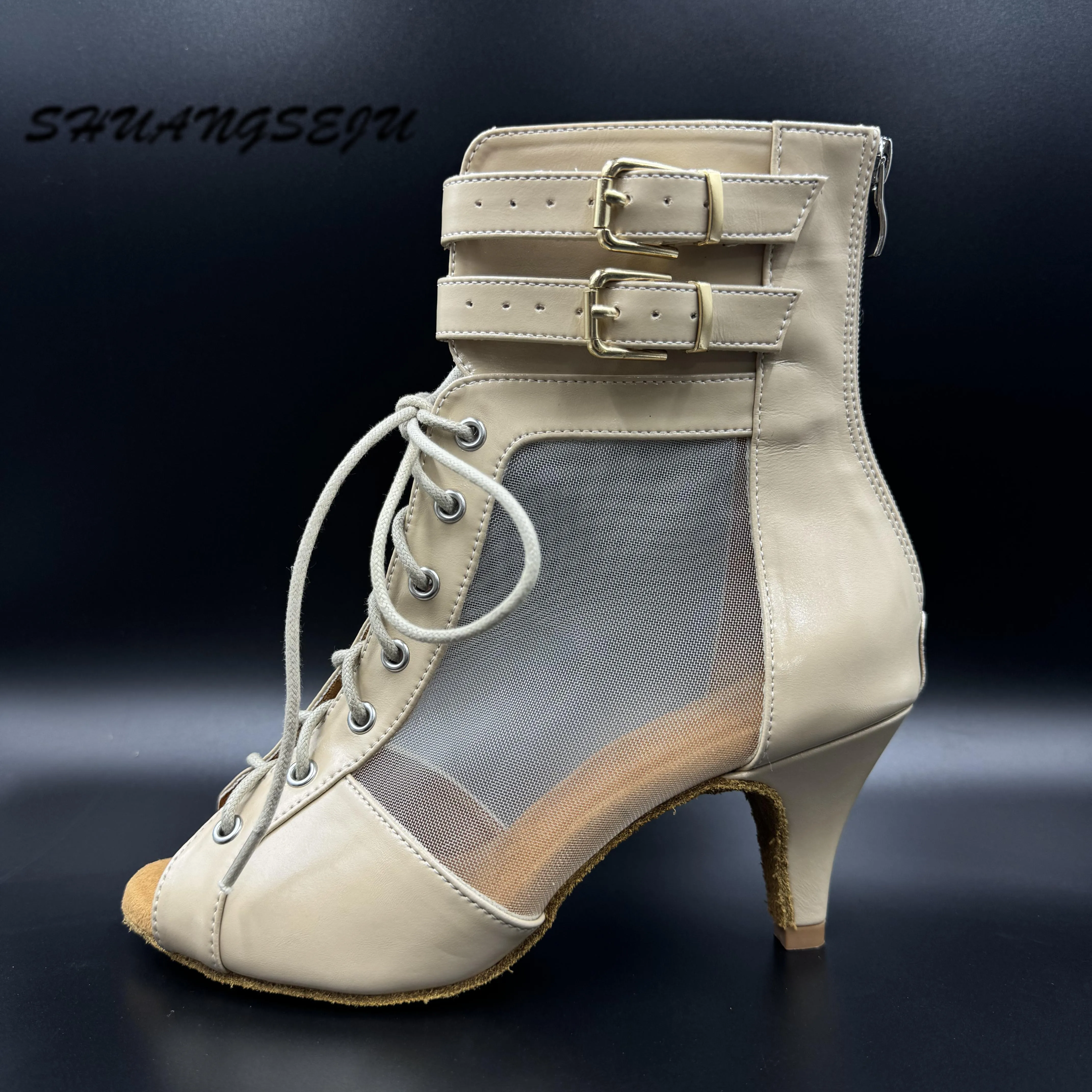 SHUANGSEJU Light-colored leather Latin dance shoes high-top lace-up zipper ankle boots high heels bachata ballroom dance shoes