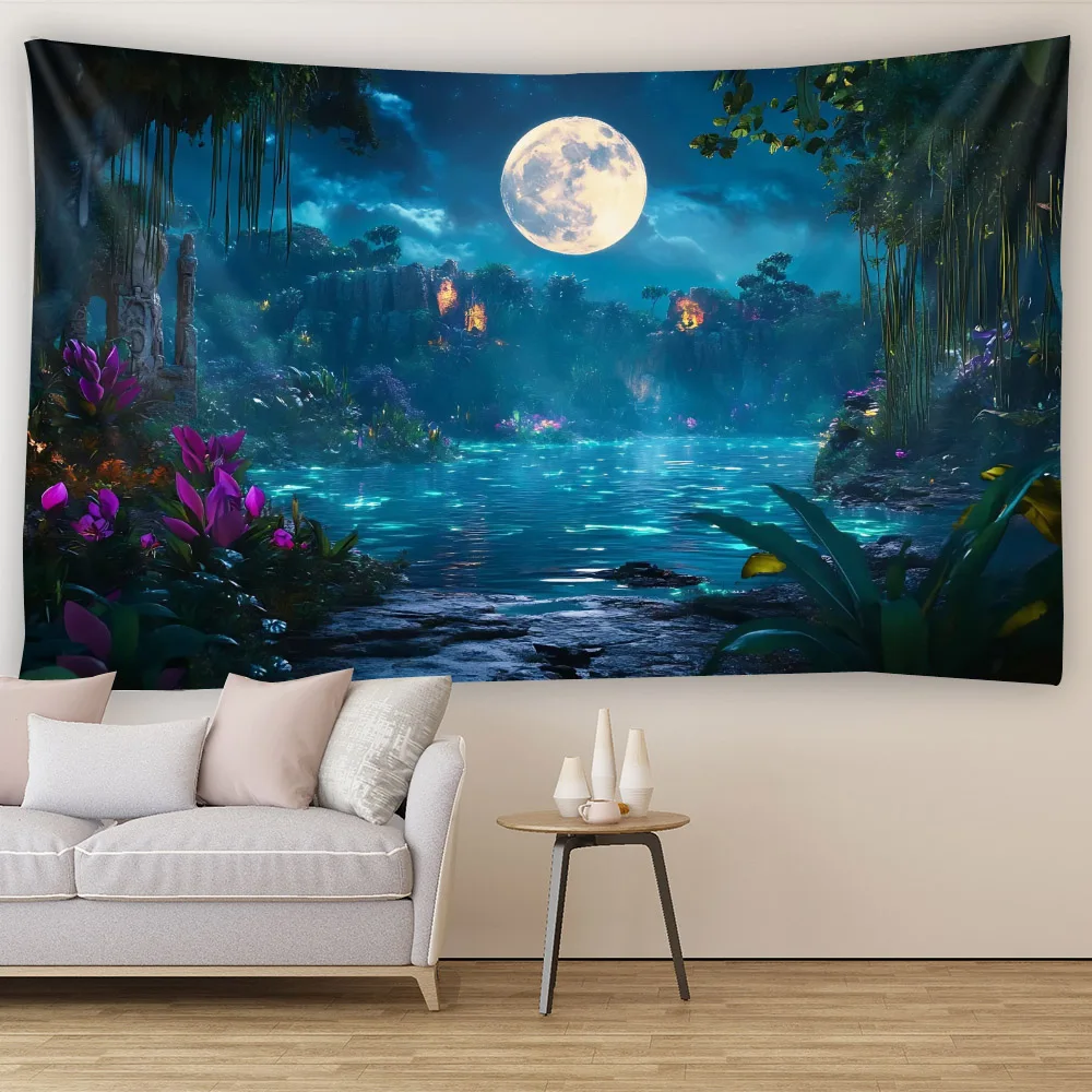 

Enchanted Forest Night Tapestry Dreamy Jellyfish Waterfall Castle Wall Hanging Room Decoration Bohemian Background Poster