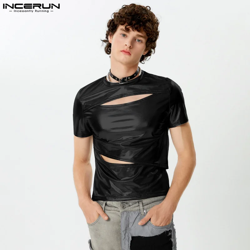 2024 Men T Shirt Solid Color Hollow Out Shiny O-neck Short Sleeve Casual Camisetas Party Streetwear Fashion Men Clothing INCERUN