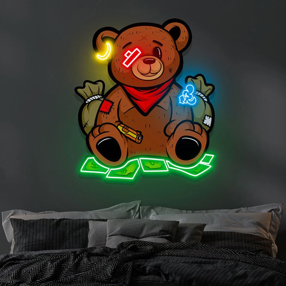 Anime beruang LED karya seni akrilik lampu Neon dinding dalam ruangan untuk anak-anak ruang permainan toko mainan kustom tanda Neon hadiah ulang tahun dipersonalisasi