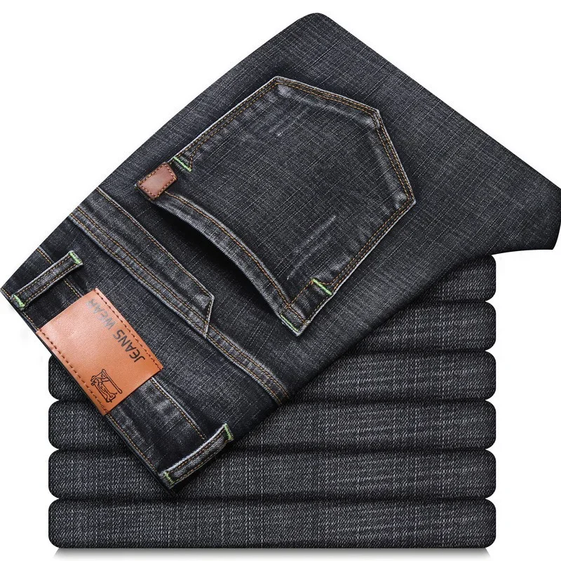 2025 hommes nouveau 28-40 hommes classiques pantalon droit affaires bleu noir jean élastique coupe ajustée décontracté travail pantalon