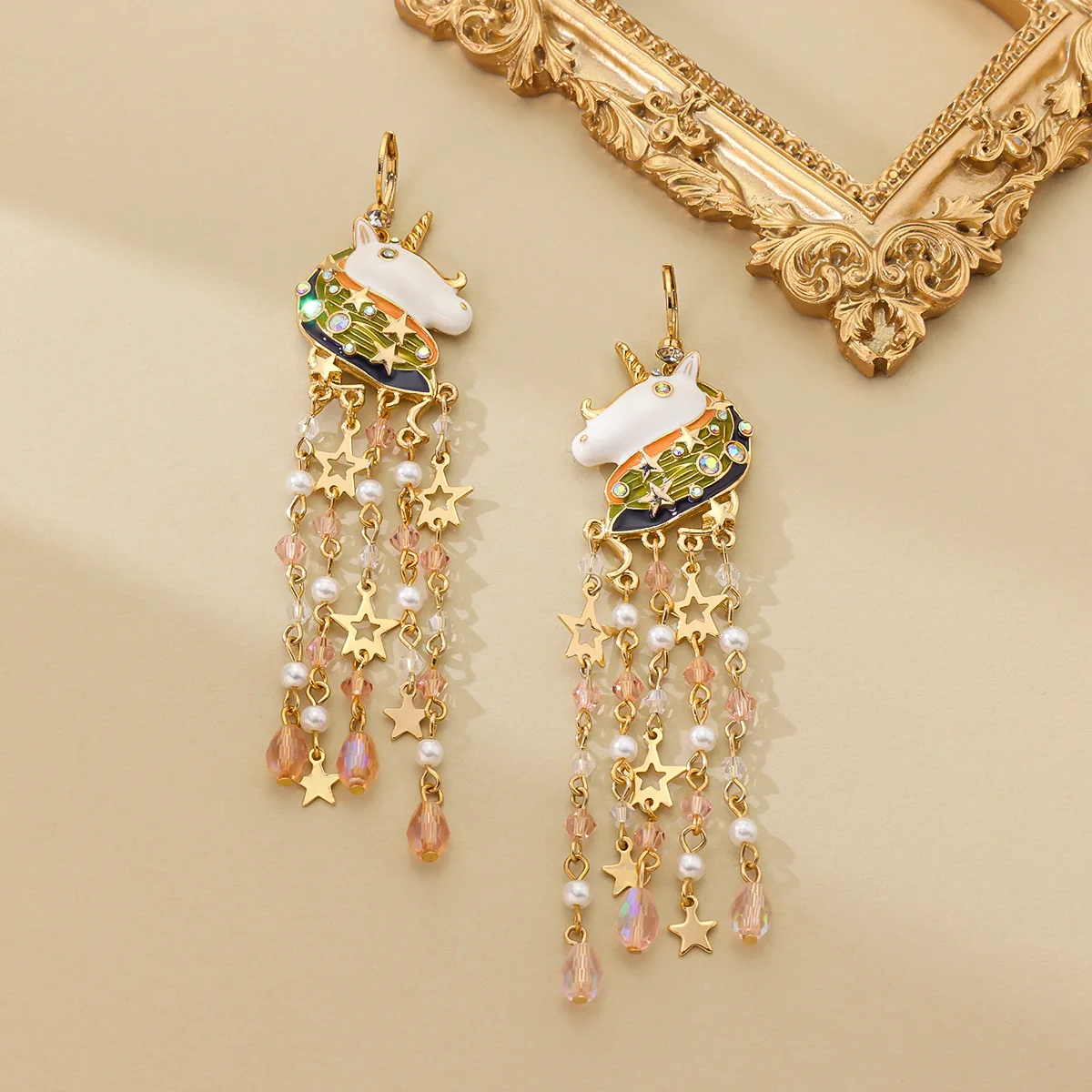 Flash diamond unicorn enamel tassel stud earrings for women niche design ear hook earrings