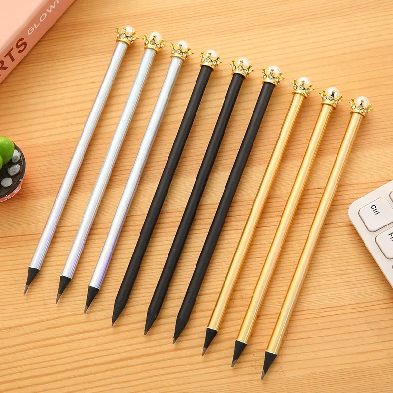 10pcs Black Wood Pencil Print Logo Pearl Crown Gold and Silver Laser Pencil Hotel Advertising Gifts Pencil Set Pencils for Kids