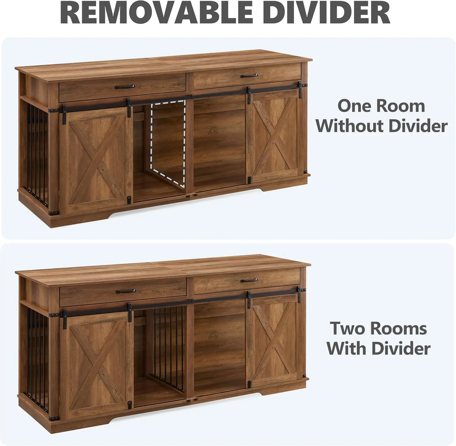 صناديق كلب مزدوجة على طراز أثاث كبير جدًا مقاس 72.5 بوصة للسلالات الكبيرة، أثاث بيت كلب خشبي مقاس XXL مع أدراج، مقسم