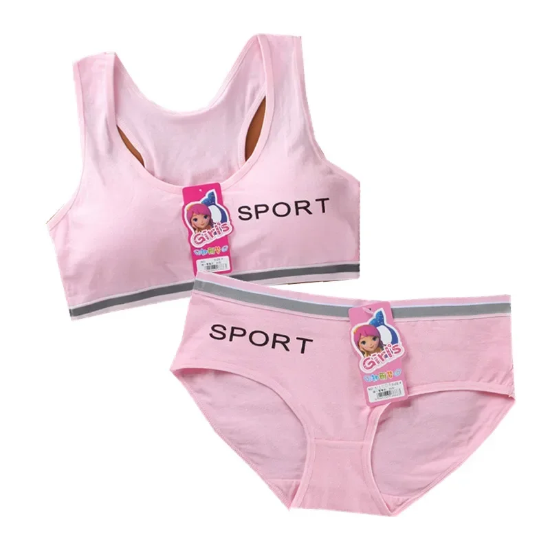 Teens Girls Sports Bra Puberty Gym Underwear Wireless Teenager Girls Sport Bra with Briefs Cotton Young Girls Training Bra Set