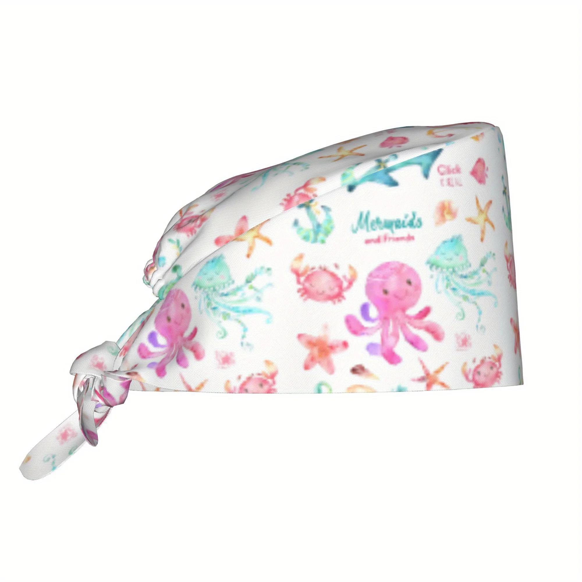 1pc Women'S Lightweight Adjustable Work Cap with Colorful Marine Life Print - Tie-Back, Dustproof Nurse Hat, Comfortable for Hea