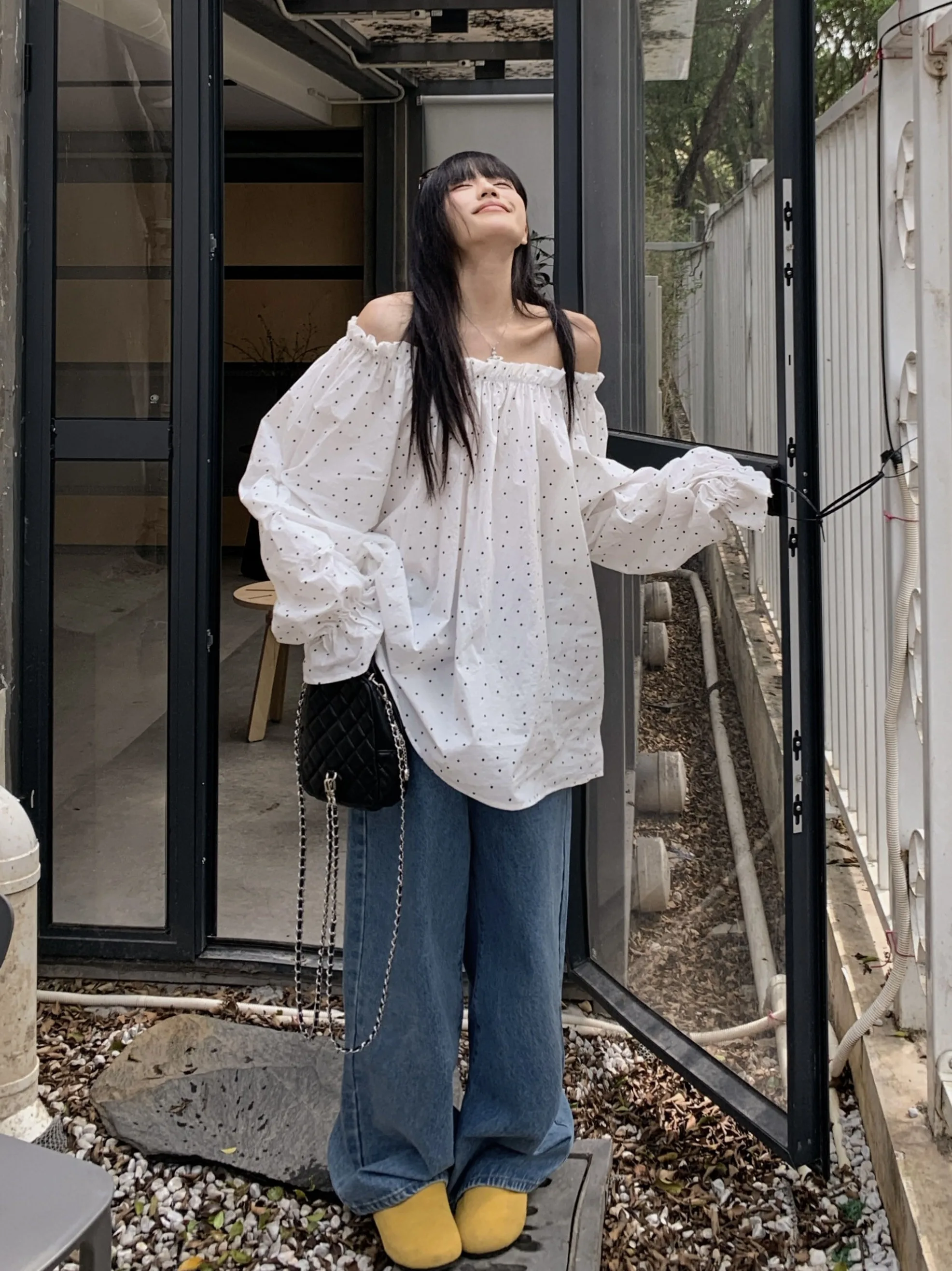 plus Size Women's Polka Dot One oulder Loose irt Korean Sle Simple Spring New Faion Slimming Top Trendy Commute Wind