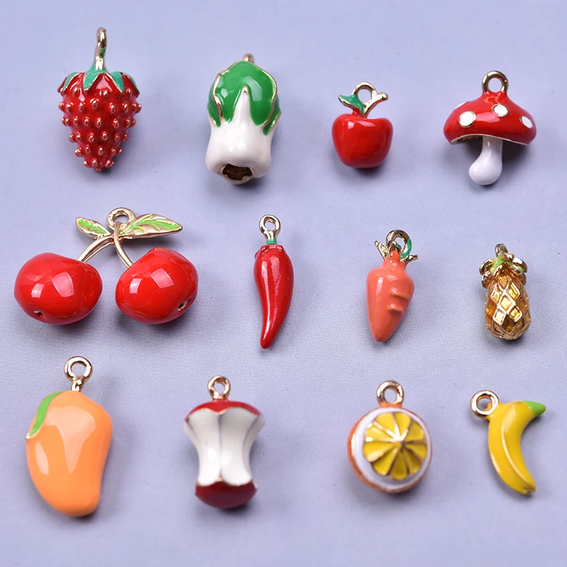 

6pcs/lot Fruit Vegetable Enamel Alloy Pendant Charms Strawberry Pepper Apple Mushroom Pineapple Mango DIY Jewelry Making Bulk