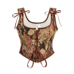 Brown Floral Printed Denim Overbust Gothic Vest Vintage Corset Top With Front Lacing Steampunk Tank Sexy Bustiers Und Korsetts