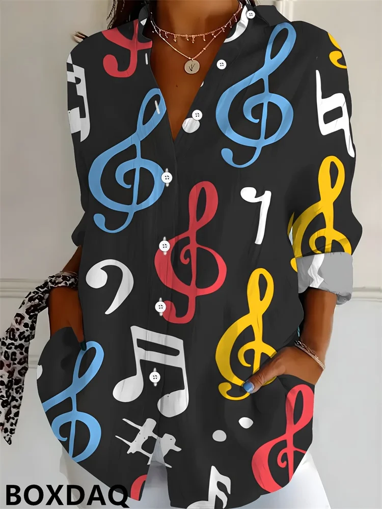 Long Sleeved Lapel Single Breasted Women's Shirts Fashion Heart Arrow Pattern Printed Loose Blouse Casual Street Women's Top
