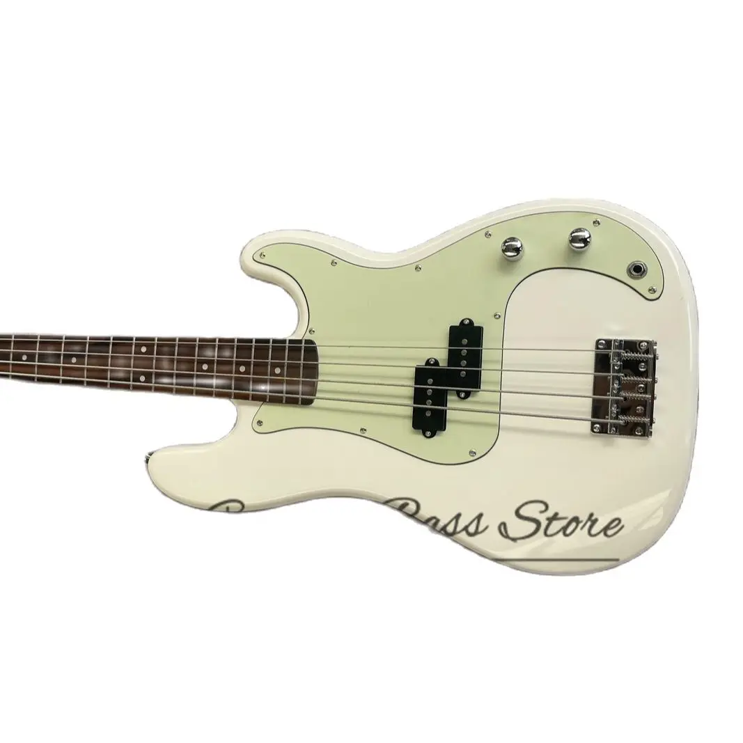 4 String Bass Guitar Cream White Body Maple Neck Rose Wood Fingerboard Milk Green Guard Fixed Bridge