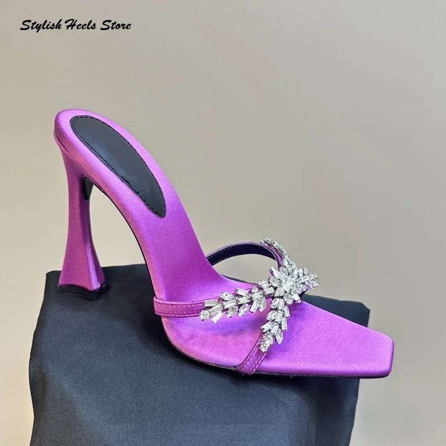 

Crystal Embellished Cross Strap Slippers Stylish Women's Square Open Toe Thin High Heels Summer Fashion Leather Modern Slippers