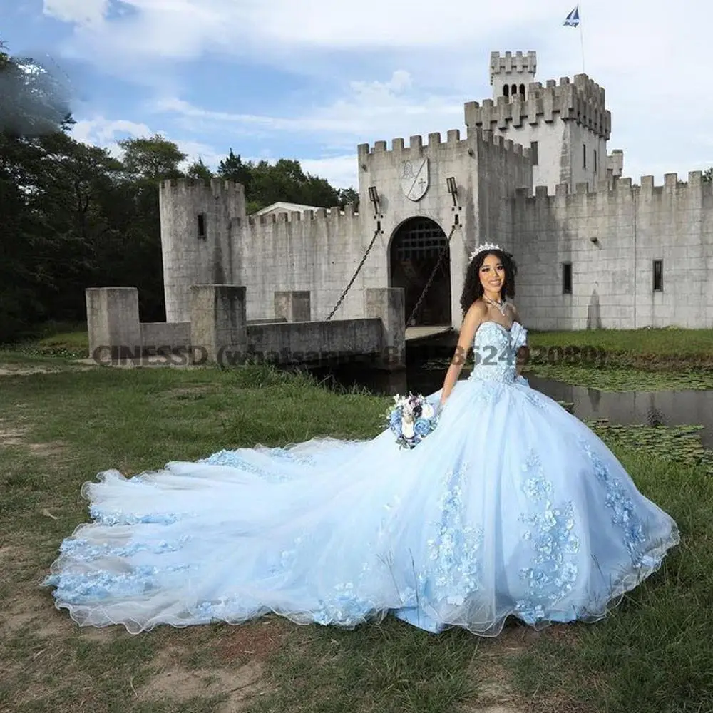 Vestido de princesa azul claro para quinceañera, traje de baile con apliques de encaje, dulce 16, 15 años