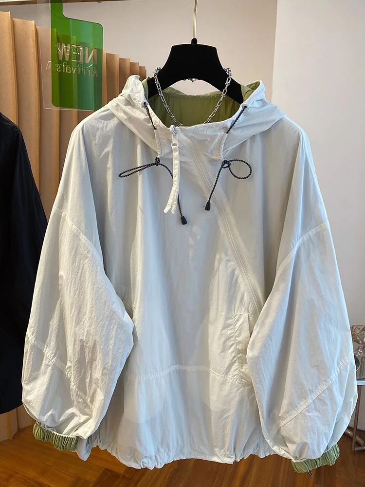 Women Hooded Jackets Diagonal Zipper Design Vintage Jacket 2025 Spring Autumn New Baggy Fashion Long Sleeve Shirt