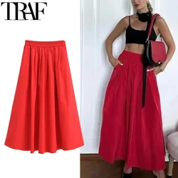 TRAF 2024 gonna nera rossa voluminosa donna gonne lunghe a vita alta estive pieghettate per le donne gonna Midi da donna elegante Casual