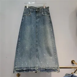 Women's Denim Skirt High Stripes Diamond Rhinestone Washed Blue Split Burrs Long Skirts 2024 Winter New Fashion