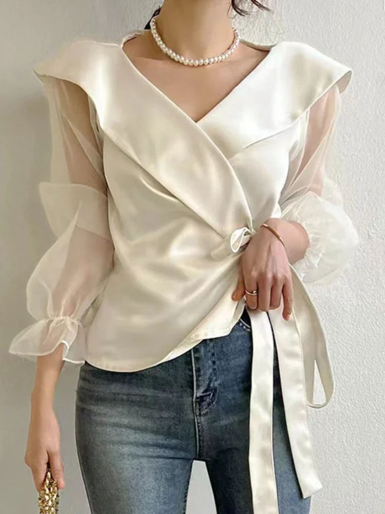 Perspective Gauze Patchwork Flare Sleeve Shirts Turn-down Collar Gloss Satin Blouse Women Korean Chic Belt Slim Wasit Solid Tops