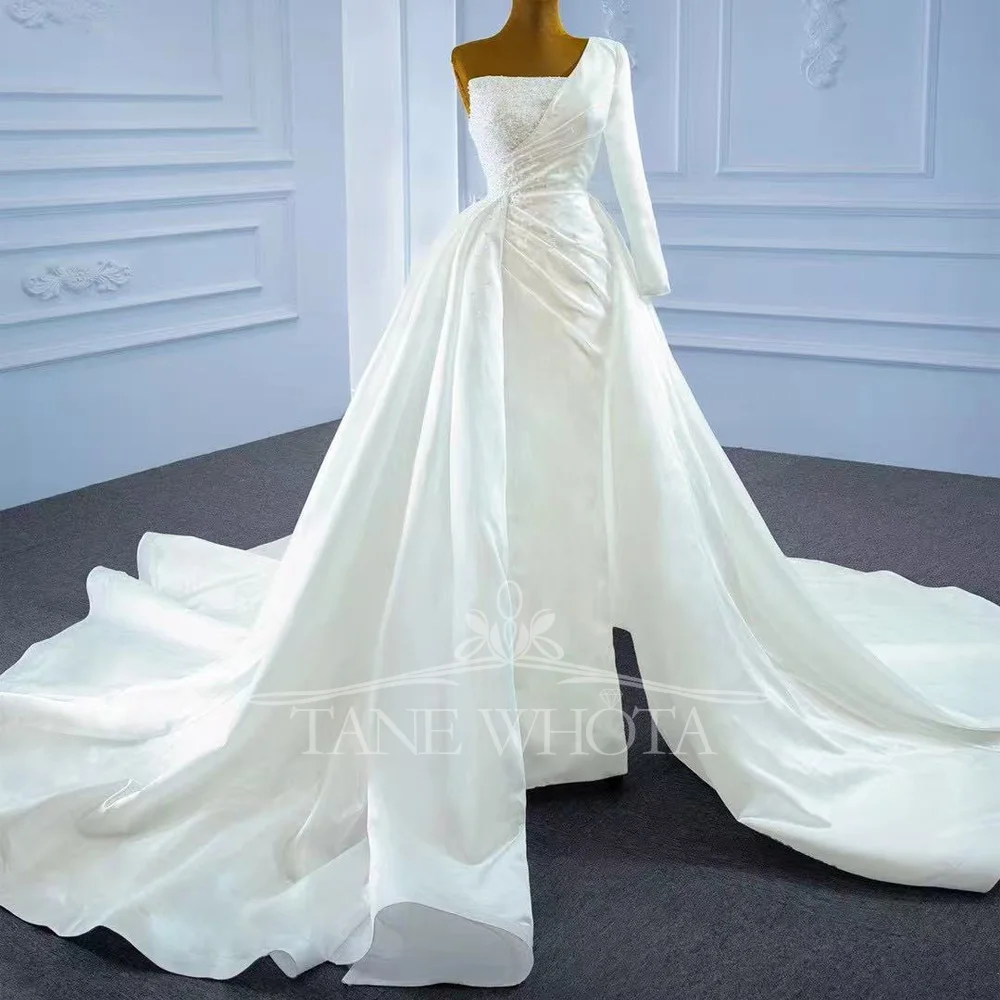 One-Shoulder Beaded Lace Up Back Ruched Wedding Dress Customizable Ceremony Bridal Gown
